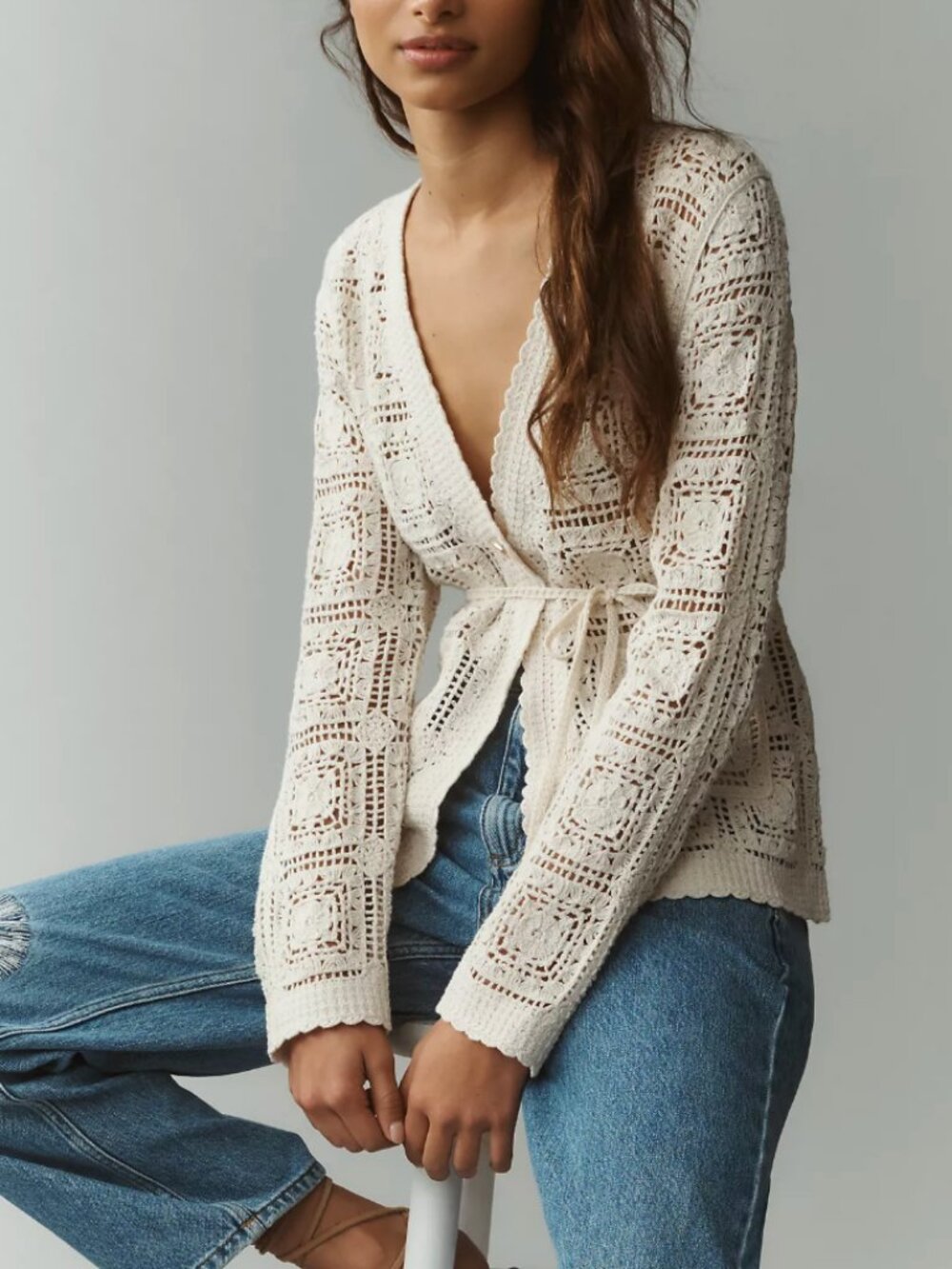New Anthropologie NVLT V-Neck Crochet Knit Top Cotton Cardigan Cream / Ivory - M